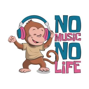 Funny cute monkey dancing and quote no music no life. Vector illustration Stock-Illustration