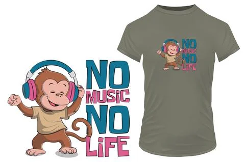 Funny cute monkey dancing and quote no music no life. Vector illustration Stock Illustration