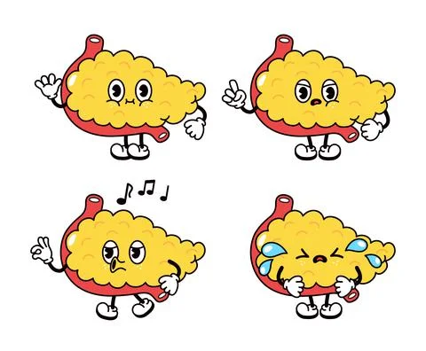 Funny cute pancreas characters bundle set. Vector hand drawn doodle style tra Stock Illustration