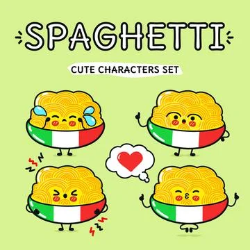 Funny cute Plate of Spaghetti characters bundle set. Vector hand drawn dood.. Stock Illustration