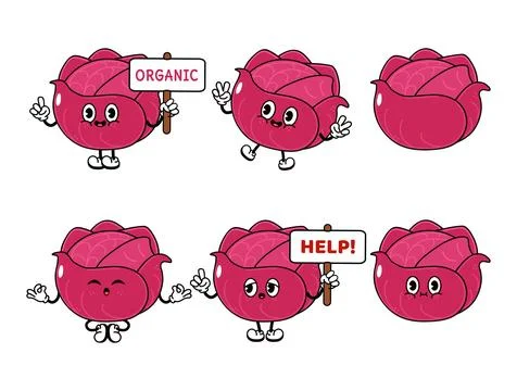 Funny cute Red Cabbage characters bundle set. Vector hand drawn doodle styl.. Stock Illustration