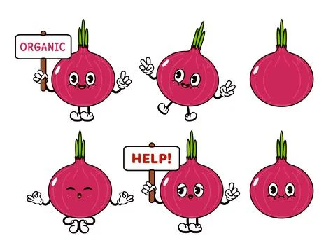Funny cute Red onion characters bundle set. Vector hand drawn doodle style .. Stock Illustration