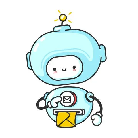 Funny cute robot, chat bot prints letter. Vector flat line cartoon kawaii Stock Illustration