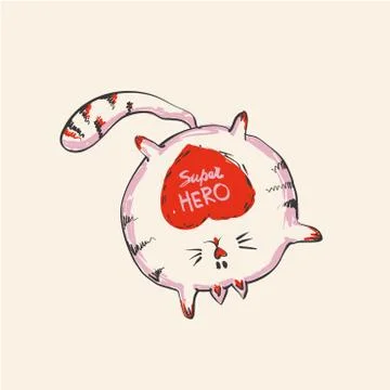 Funny cute round cat with word SUPER HERO staying on one hand , fashion print or Illustrazione stock