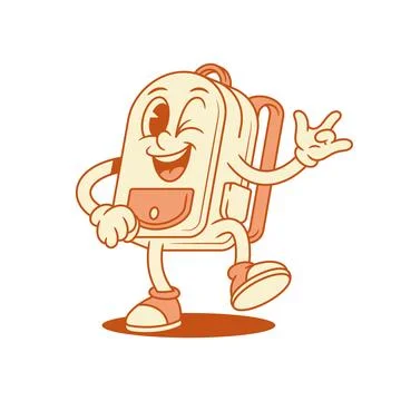 Funny cute schoolbag backpack cartoon character dancing isometric vector illu Stock Illustration