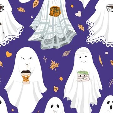 Funny cute sheet ghost holding hot drinks mugs seamless party. . Halloween .. Stock Illustration