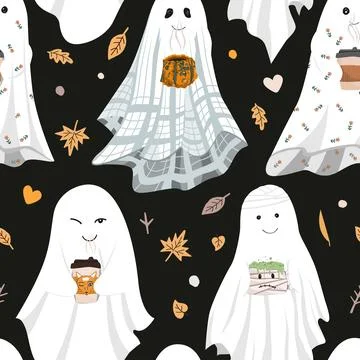 Funny cute sheet ghost holding hot drinks mugs seamless party. Halloween back Stock Illustration