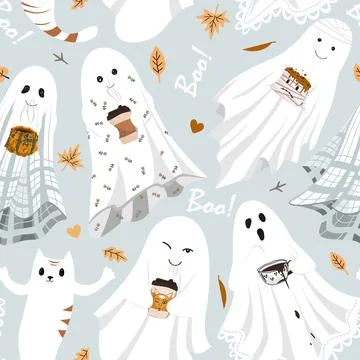 Funny cute sheet ghost holding hot drinks mugs seamless party. Halloween back Stock Illustration