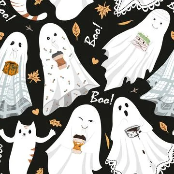 Funny cute sheet ghost holding hot drinks mugs seamless party. Halloween ba.. Stock Illustration