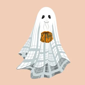 Funny cute sheet ghost with a hot drink. Sheet ghost holding a pumpkin mug. H Stock Illustration