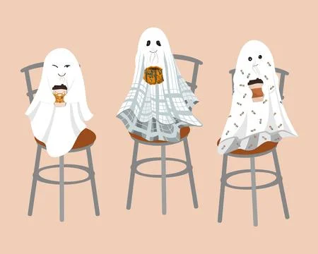 Funny cute sheet ghosts sitting on the tables with a hot drink. Sheet ghost.. Stock Illustration
