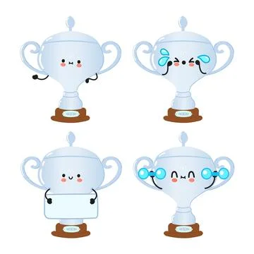 Funny cute silver trophy cup characters bundle set. Vector hand drawn doodle  Stock Illustration