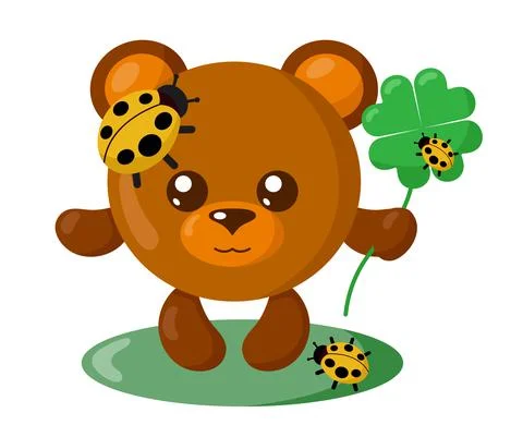 Funny cute smiling bear with round body and ladybugs holding four-leaf clover Stock Illustration