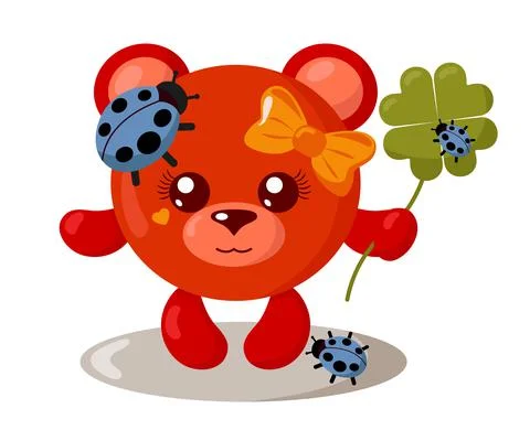 Funny cute smiling bear with round body and ladybugs holding four-leaf clover Stock Illustration