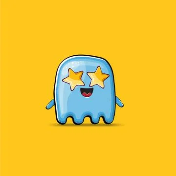 Funny cute smiling blue ghost monster isolated on orange background. Ghost Stock Illustration