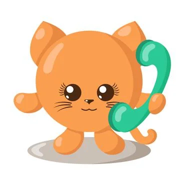 Funny cute smiling cat holding a phone. Colored animal vector illustration Stock Illustration