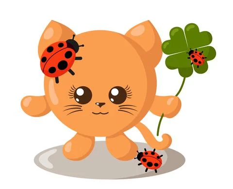 Funny cute smiling cat with round body and ladybugs holding good luck clover  Stock Illustration