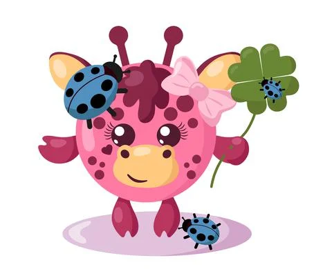 Funny cute smiling giraffe with round body and ladybugs holding four-leaf clover Stock Illustration