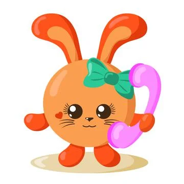 Funny cute smiling hare or rabbit holding a phone. Stock Illustration