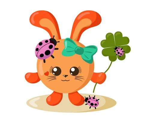 Funny cute smiling hare or rabbit with round body and ladybugs holding clover Stock Illustration