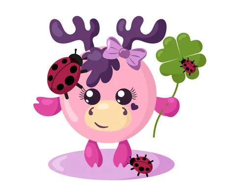 Funny cute smiling moose or deer with ladybugs holding four leaf clover Stock Illustration