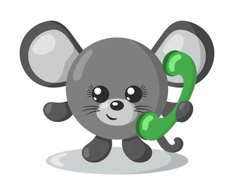 Funny cute smiling mouse holding a phone. Colored animal vector illustration Stock Illustration