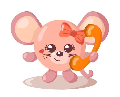 Funny cute smiling mouse holding a phone. Stock Illustration