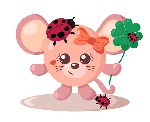 Funny cute smiling mouse with round body and lady bugs holding good luck clover Stock Illustration