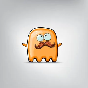 Funny cute smiling orange ghost monster isolated on grey background. Hand drawn Stock Illustration
