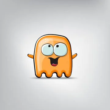 Funny cute smiling orange ghost monster isolated on grey background. Hand drawn Stock Illustration