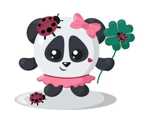Funny cute smiling panda with round body and ladybugs holding good luck clover Stock Illustration