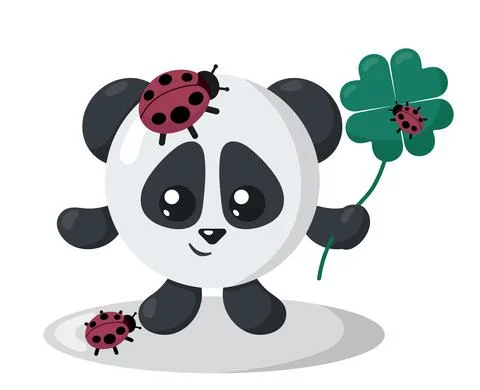 Funny cute smiling panda with round body and ladybugs holding four leaf clover Stock Illustration