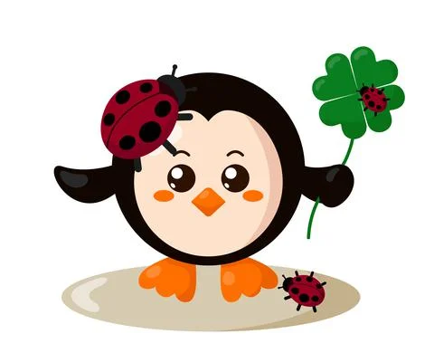Funny cute smiling penguin with round body and ladybugs holding four leaf clover Stock Illustration