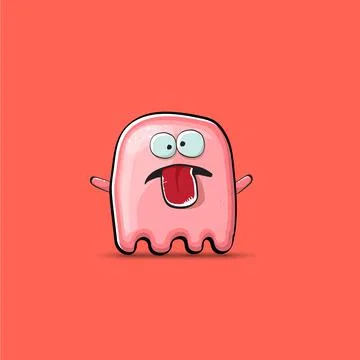 Funny cute smiling pink ghost monster isolated on pink background. Hand drawn Stock Illustration