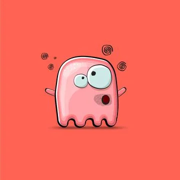 Funny cute smiling pink ghost monster isolated on pink background. Hand drawn Stock Illustration