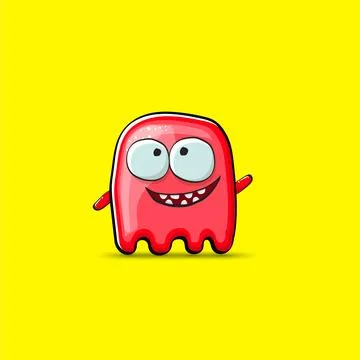 Funny cute smiling red ghost monster isolated on yellow background. Hand drawn Stock Illustration