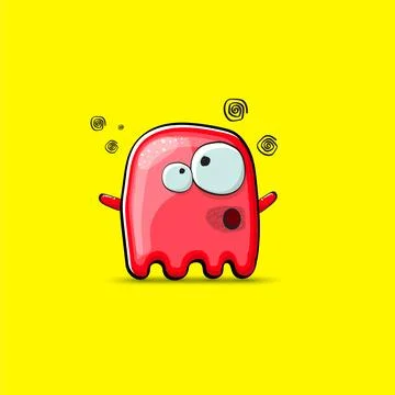 Funny cute smiling red ghost monster isolated on yellow background. Hand drawn Stock Illustration