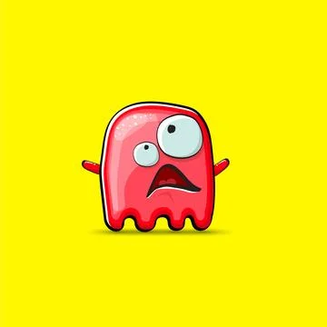 Funny cute smiling red ghost monster isolated on yellow background. Hand drawn Stock Illustration