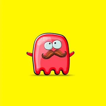 Funny cute smiling red ghost monster isolated on yellow background. Hand drawn Stock Illustration