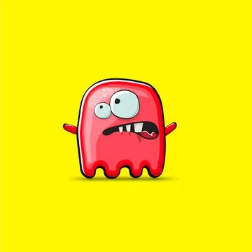 Funny cute smiling red ghost monster isolated on yellow background. Hand drawn Stock Illustration