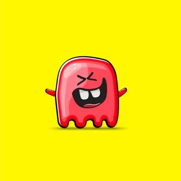 Funny cute smiling red ghost monster isolated on yellow background. Hand drawn Stock Illustration