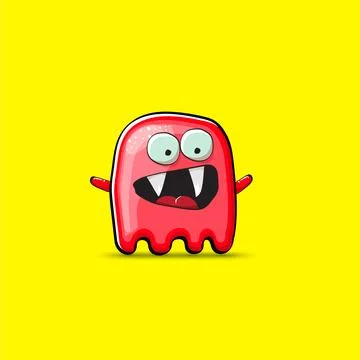 Funny cute smiling red ghost monster isolated on yellow background. Hand drawn Stock Illustration