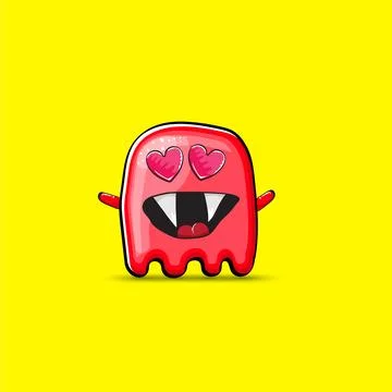 Funny cute smiling red ghost monster isolated on yellow background. Hand drawn Stock Illustration