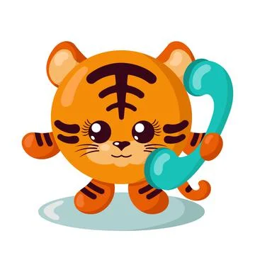 Funny cute smiling tiger holding a phone Stock Illustration