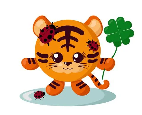 Funny cute smiling tiger with round body and ladybugs holding good luck clover Stock Illustration