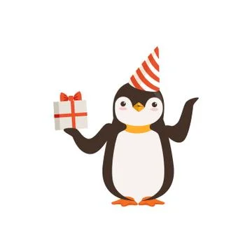 Funny Cute vector Penguin Character In A Party Hat With A Gift Box Tied With Red Stock Illustration