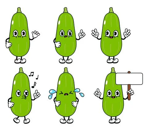 Funny cute vegetable marrow characters bundle set. Vector hand drawn doodle s Stock Illustration
