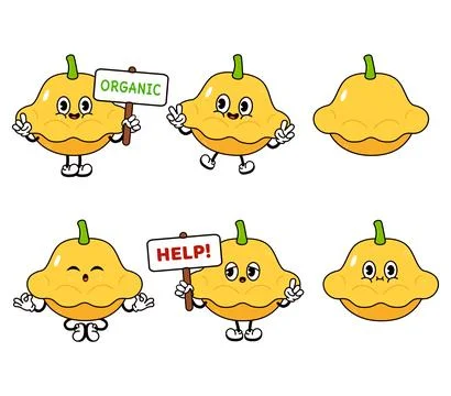 Funny cute Yellow squash characters bundle set. Vector hand drawn doodle st.. Stock Illustration