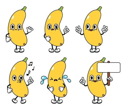 Funny cute yellow vegetable marrow characters bundle set. Vector hand drawn d Stock Illustration