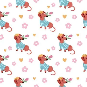 Funny dachshunds seamless pattern. Cute romantic dog hold tulip, animal clothing Stock Illustration
